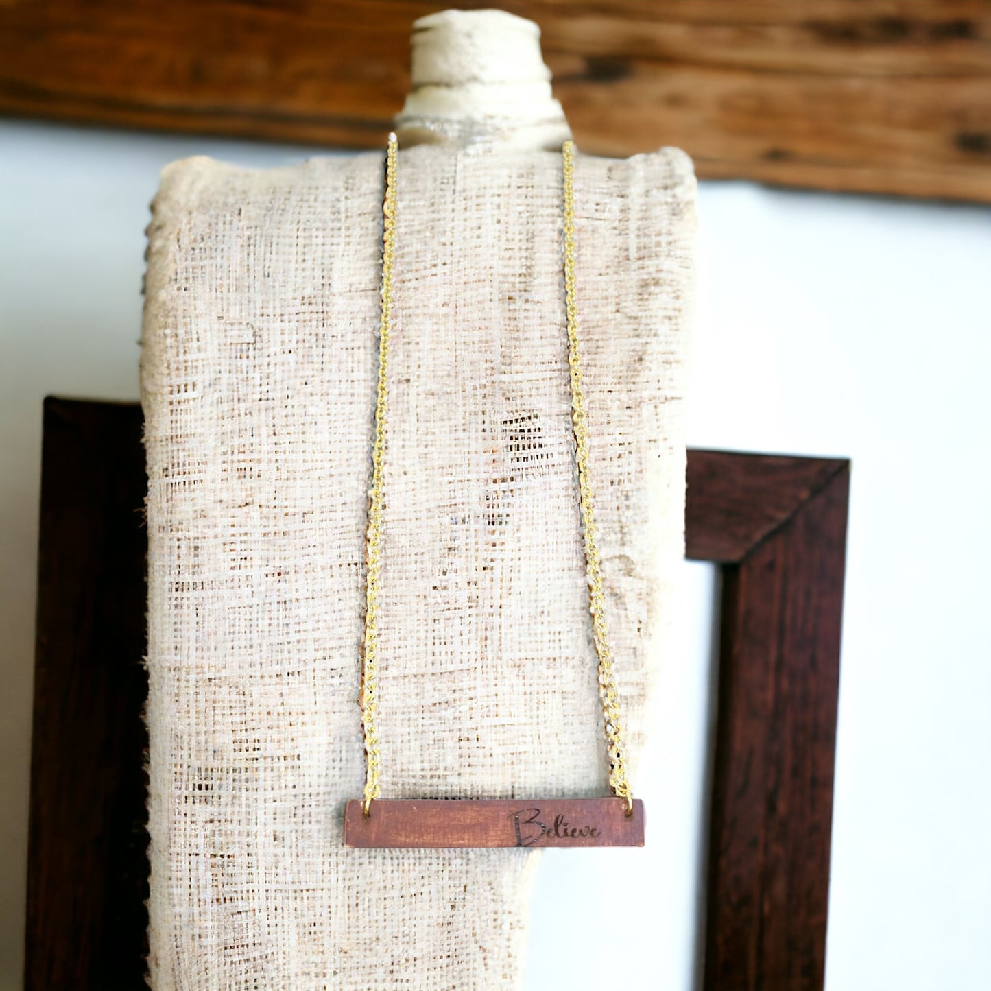 Wood Bar "Believe" Necklace w/Gold Chain