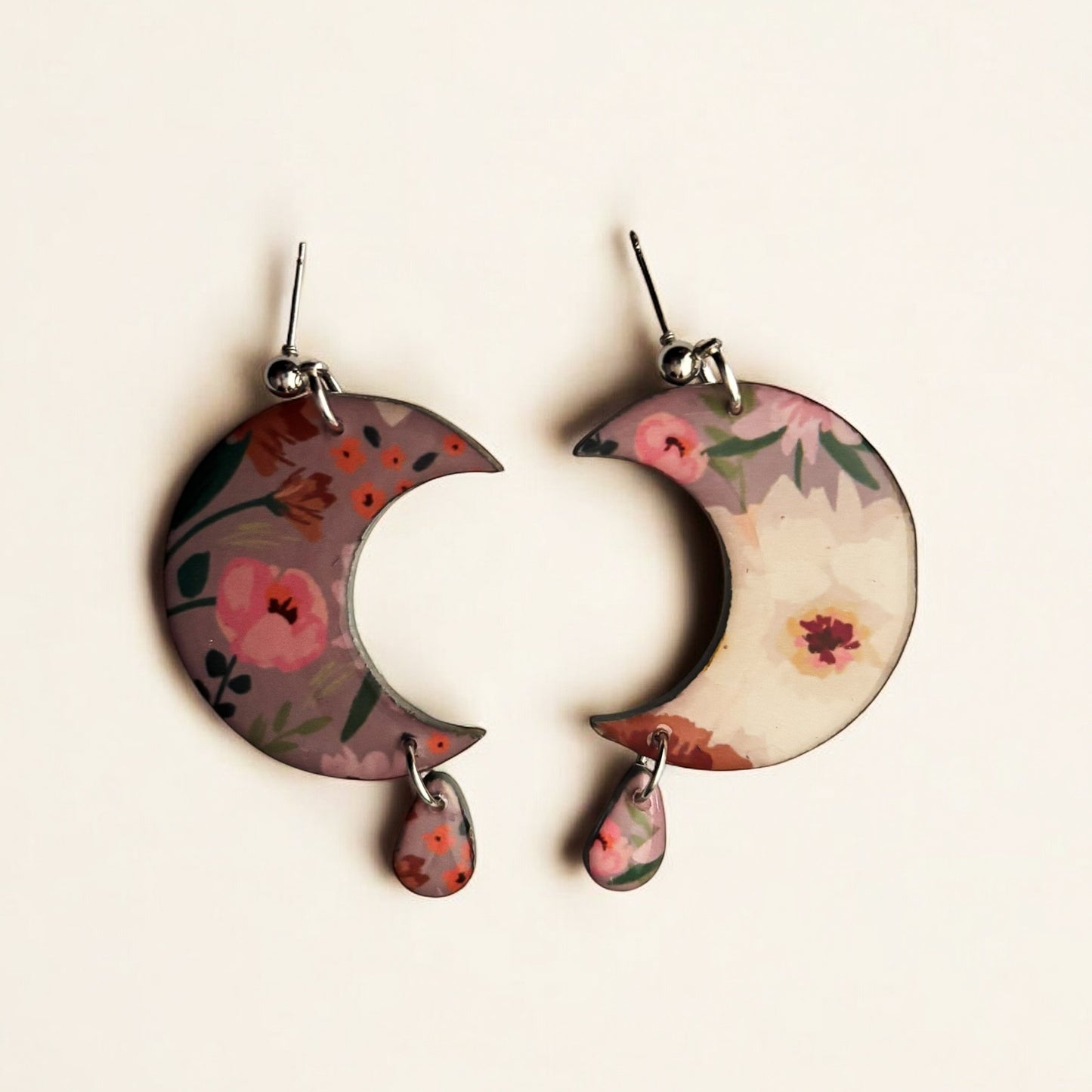 Grey Floral Crescent Moon Earrings – Eco-Friendly Flower Statement Earrings