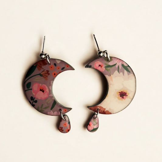Grey Floral Crescent Moon Earrings – Eco-Friendly Flower Statement Earrings