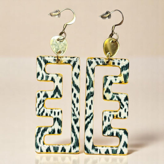 Zebra Print Recycled Chipboard Earrings Lightweight Dangles with Gold Acrylic Tab