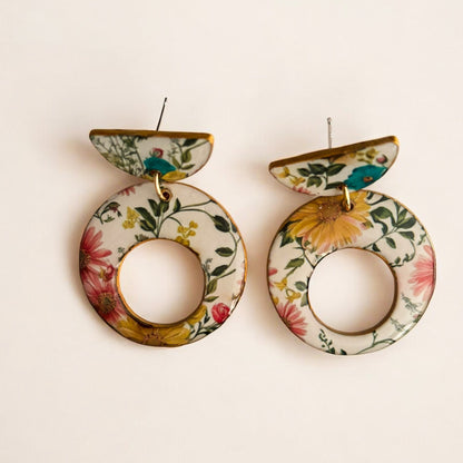 Floral Circle Drop Earrings – Botanical Print Recycled Chipboard Statement Earrings