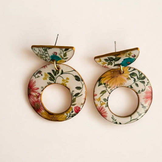 Floral Circle Drop Earrings – Botanical Print Recycled Chipboard Statement Earrings