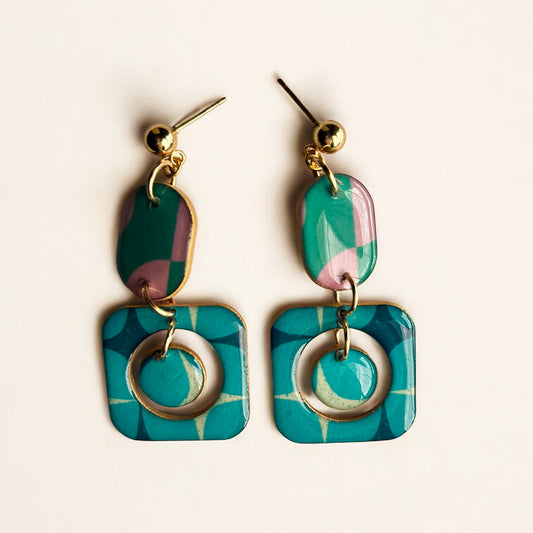 Geometric Dangle Earrings – Teal & Mauve Recycled Chipboard Statement Earrings