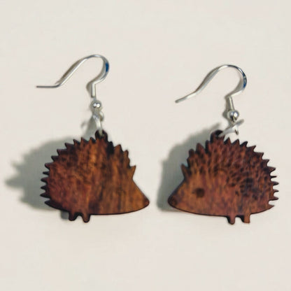 Walnut Hedgehog Earrings – Handmade Wood Animal Jewelry with Sterling Hooks