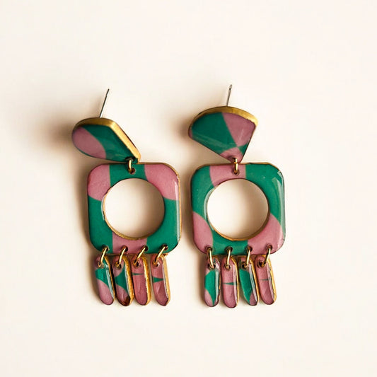 Pink & Green Geometric Earrings – Recycled Chipboard Statement Earrings