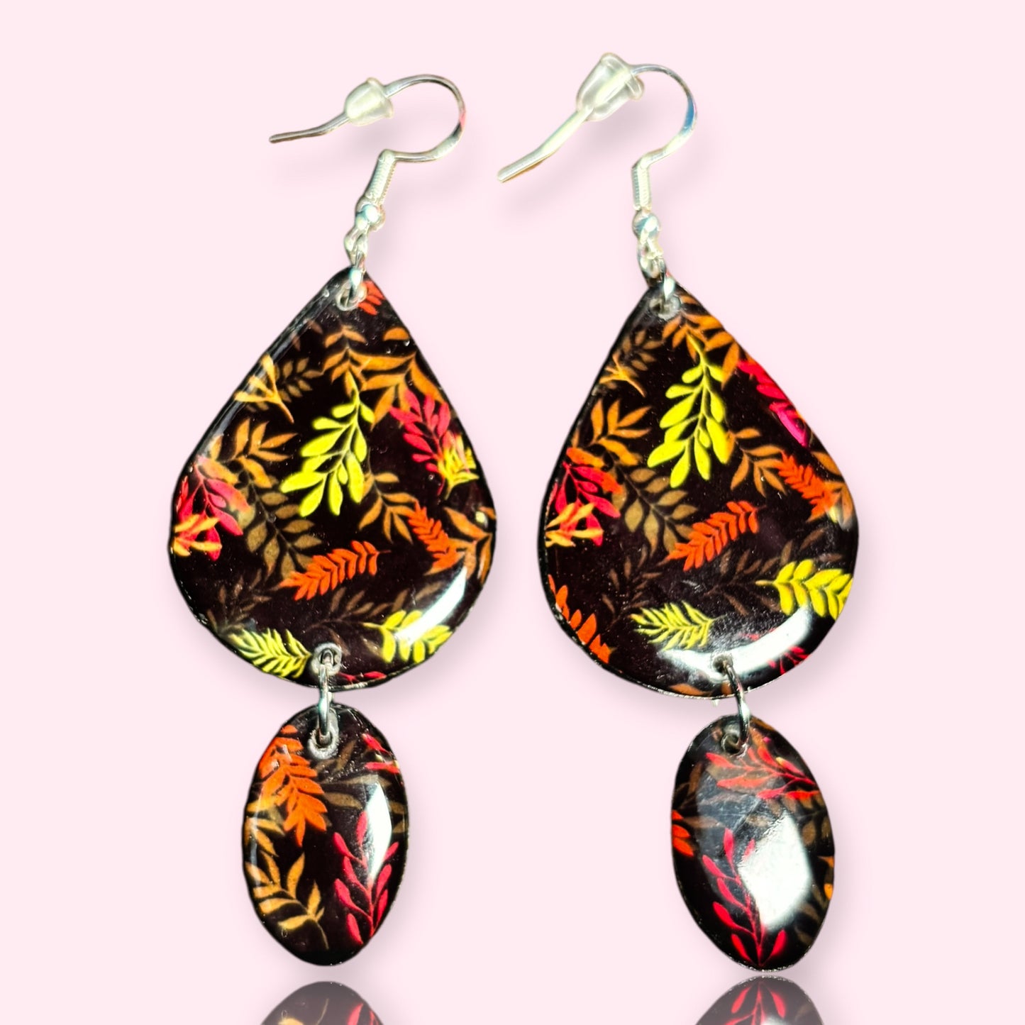 Black Floral Teardrop Recycle Chipboard Earrings