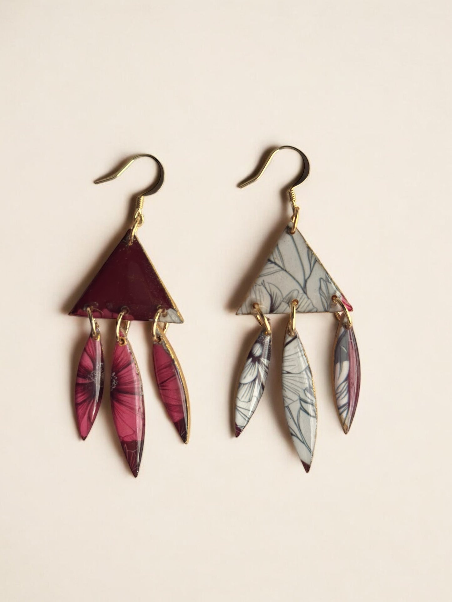 "Boho Floral Triangle Dangle Earrings – Mismatched Statement Jewelry with Bold Botanical Patterns