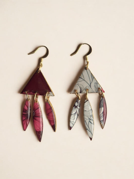 "Boho Floral Triangle Dangle Earrings – Mismatched Statement Jewelry with Bold Botanical Patterns
