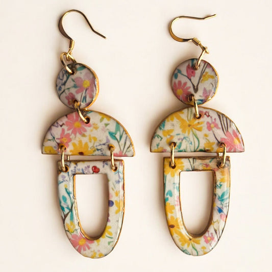 Floral Arch Drop Earrings – Lightweight Handmade U-Shaped Earrings with Colorful Botanical Patte