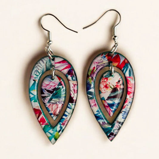 Tropical Leaf Pattern Dangle Earrings – Purple & Green Eco Statement Earrings