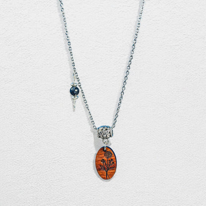 Personalized Birth Flower Necklace – Laser-Engraved Wood & Healing Stone Jewelry