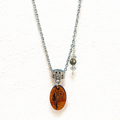 Personalized Birth Flower Necklace – Laser-Engraved Wood & Healing Stone Jewelry