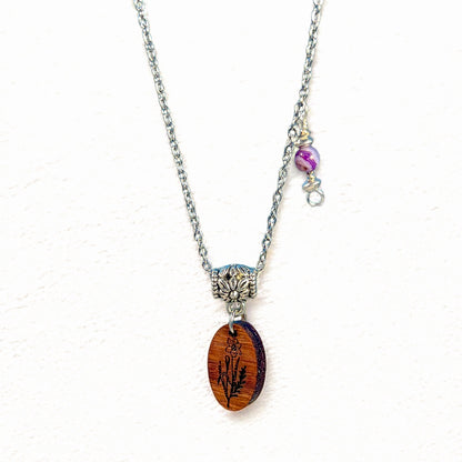 Personalized Birth Flower Necklace – Laser-Engraved Wood & Healing Stone Jewelry