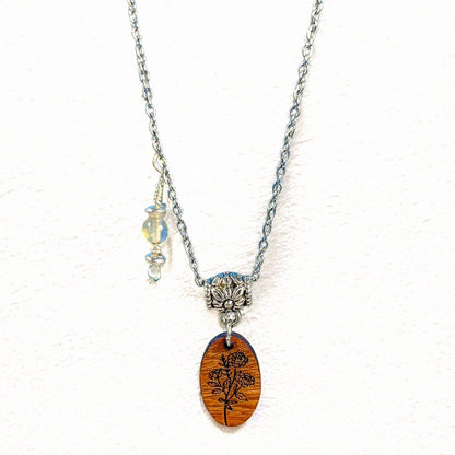 Personalized Birth Flower Necklace – Laser-Engraved Wood & Healing Stone Jewelry