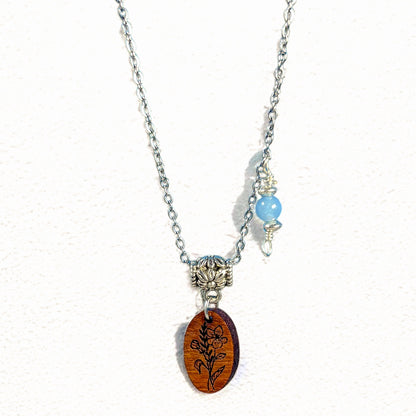 Personalized Birth Flower Necklace – Laser-Engraved Wood & Healing Stone Jewelry