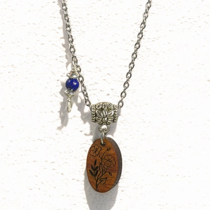 Personalized Birth Flower Necklace – Laser-Engraved Wood & Healing Stone Jewelry