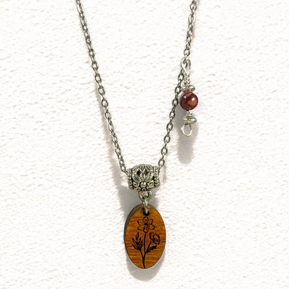 Personalized Birth Flower Necklace – Laser-Engraved Wood & Healing Stone Jewelry