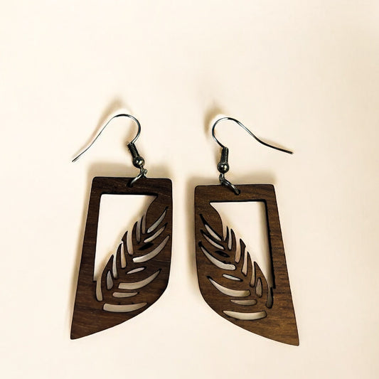 Geometric Leaf Cutout Earrings – Walnut Wood Dangle Jewelry