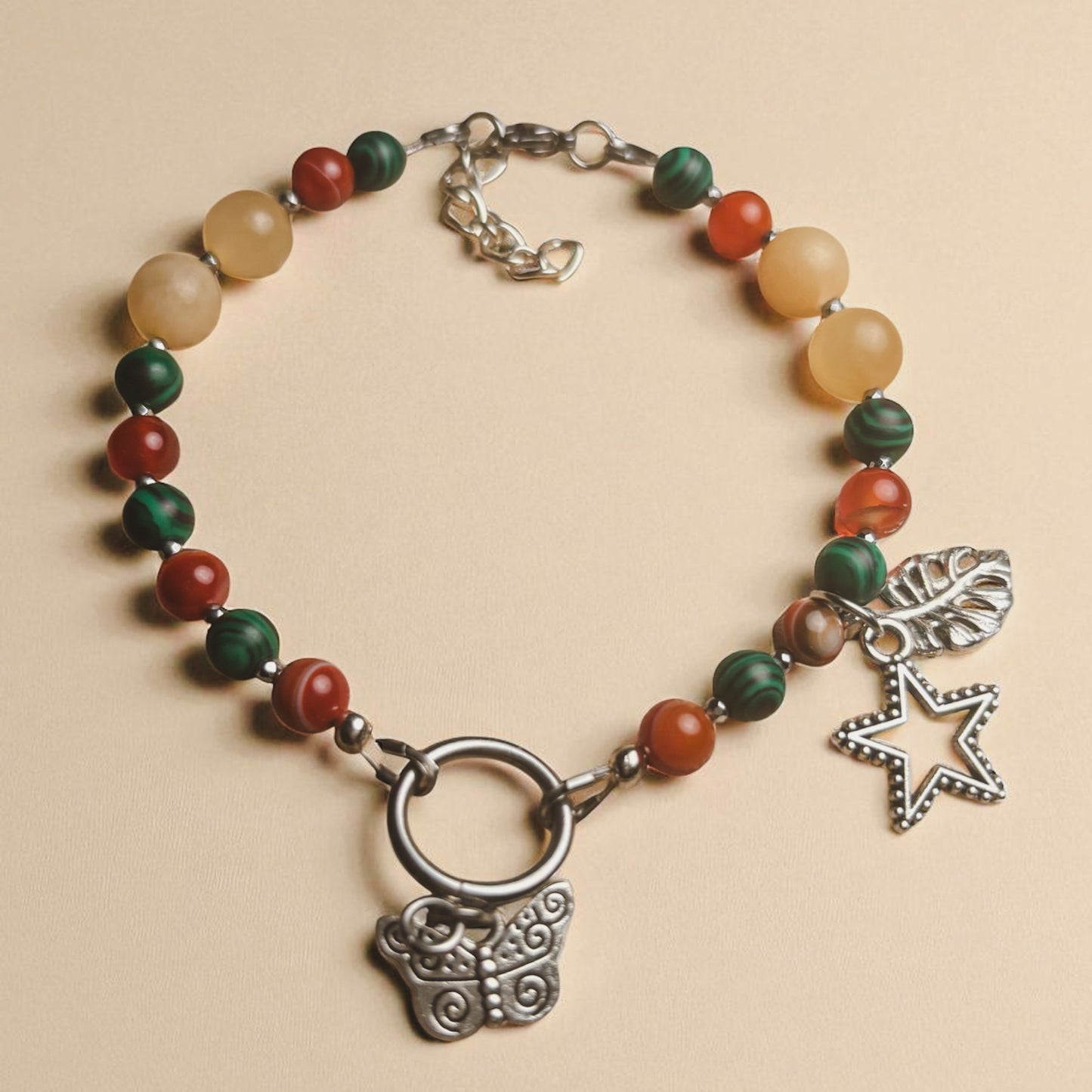 Natural Stone Charm Bracelet – Carnelian, Malachite & Citrine for Energy & Joy