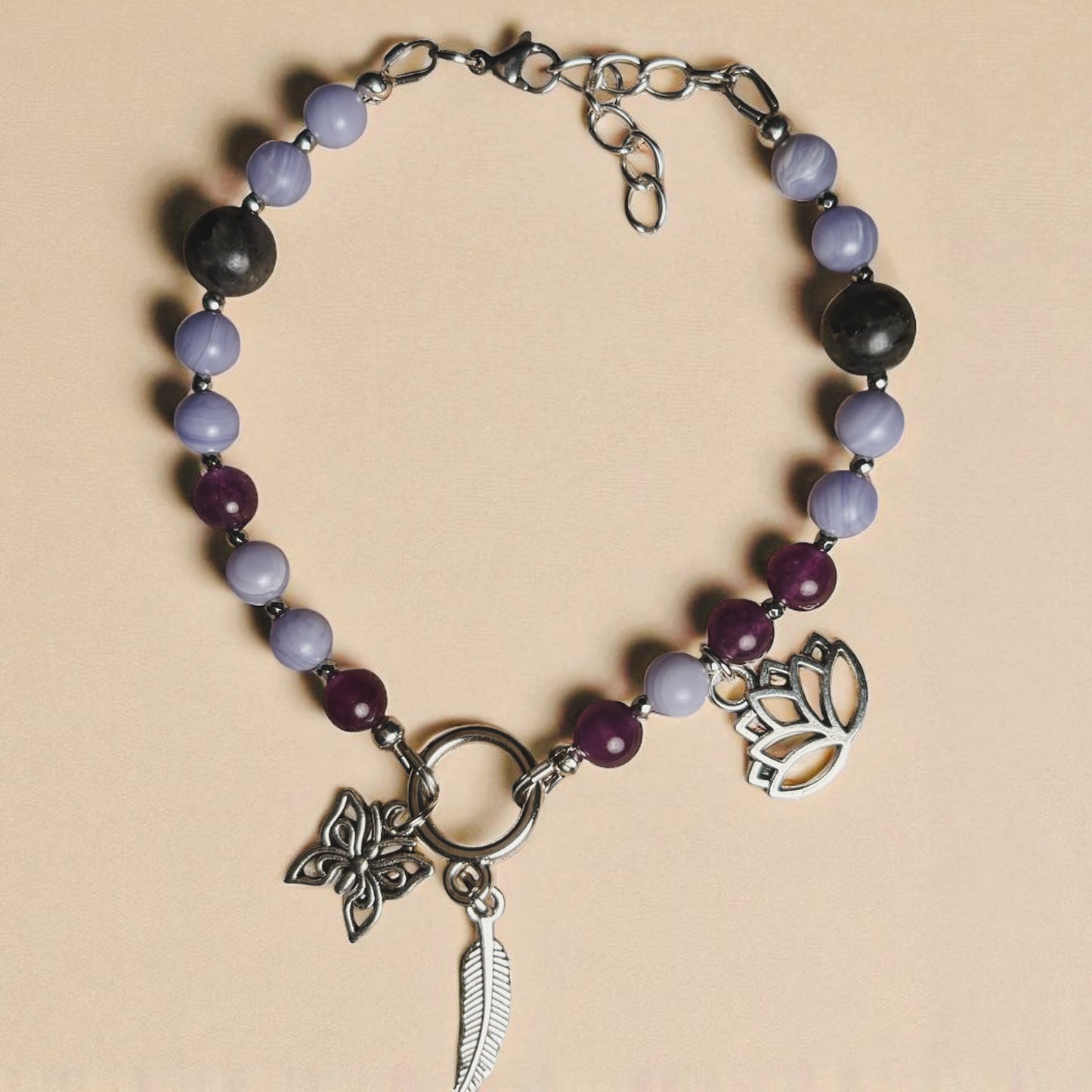 Natural Stone Charm Bracelet – Blue Lace Agate, Amethyst, & Labradorite for Energy & Intention