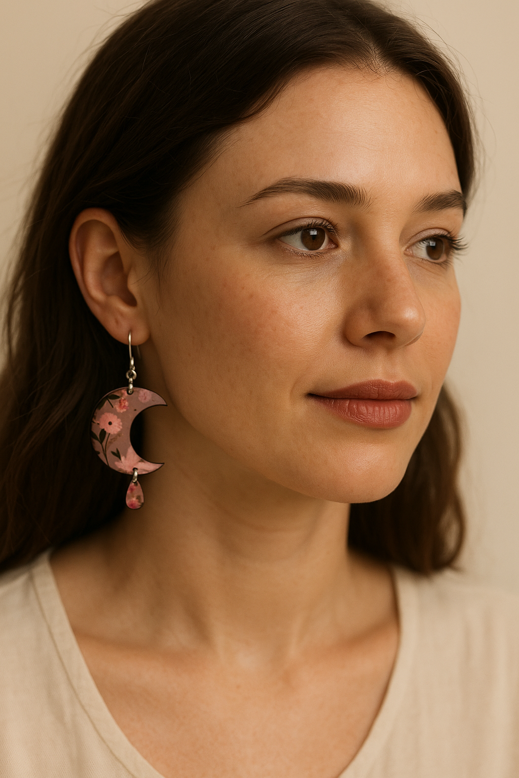 Grey Floral Crescent Moon Earrings – Eco-Friendly Flower Statement Earrings
