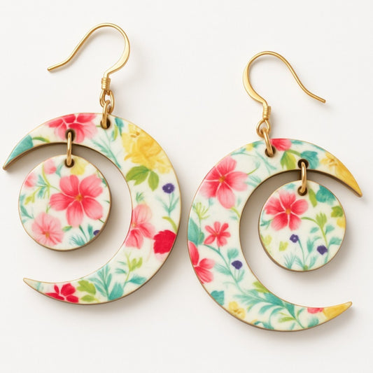Crescent Moon Flower Pattern-Boho Floral Statement Earrings