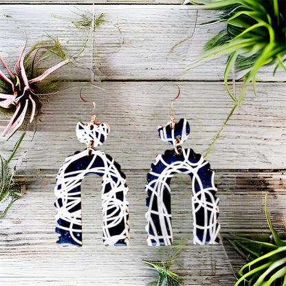 Navy & White Arch Graffiti Pattern Recycled Earrings