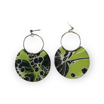 Chartreuse & Granite Round Recycled Earring with Open Circle Tab