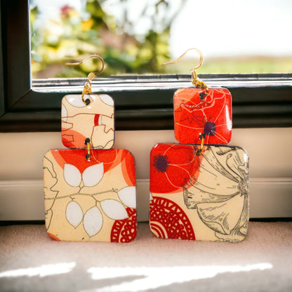 Cream & Orange Double Square Floral Recycled Earrings