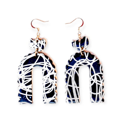 Navy & White Arch Graffiti Pattern Recycled Earrings