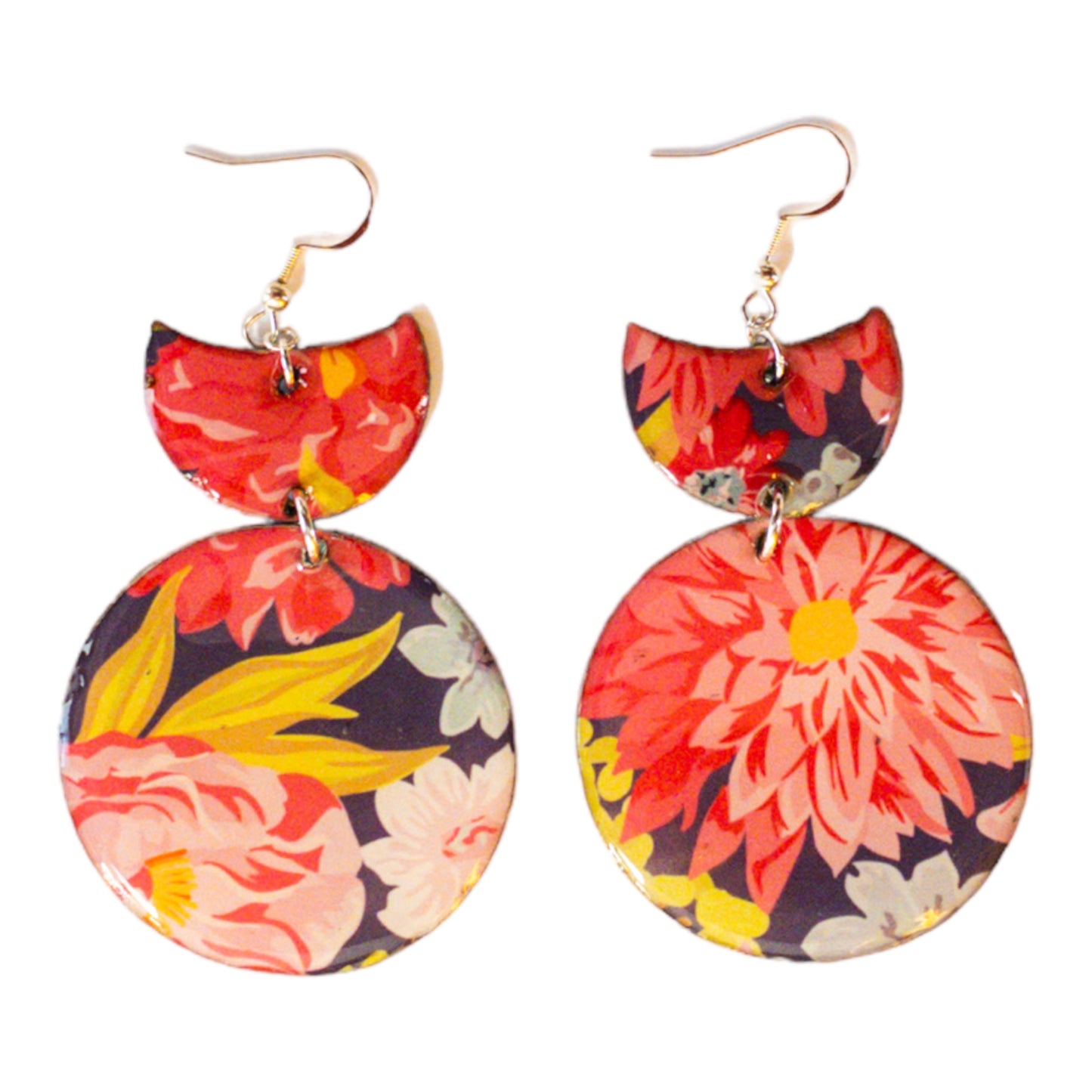 Vibrant Flowered Round w/Tab Recycled Earrings