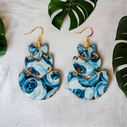 Shades of Blue Triple Flower Drop Recycled Earrings