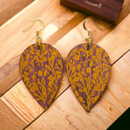 Cherry Stain Wood Teardrop Yellow Floral Print Earrings