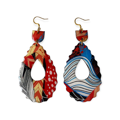 Colorful Abstract Scallop Edge Oval Recycled Earrings