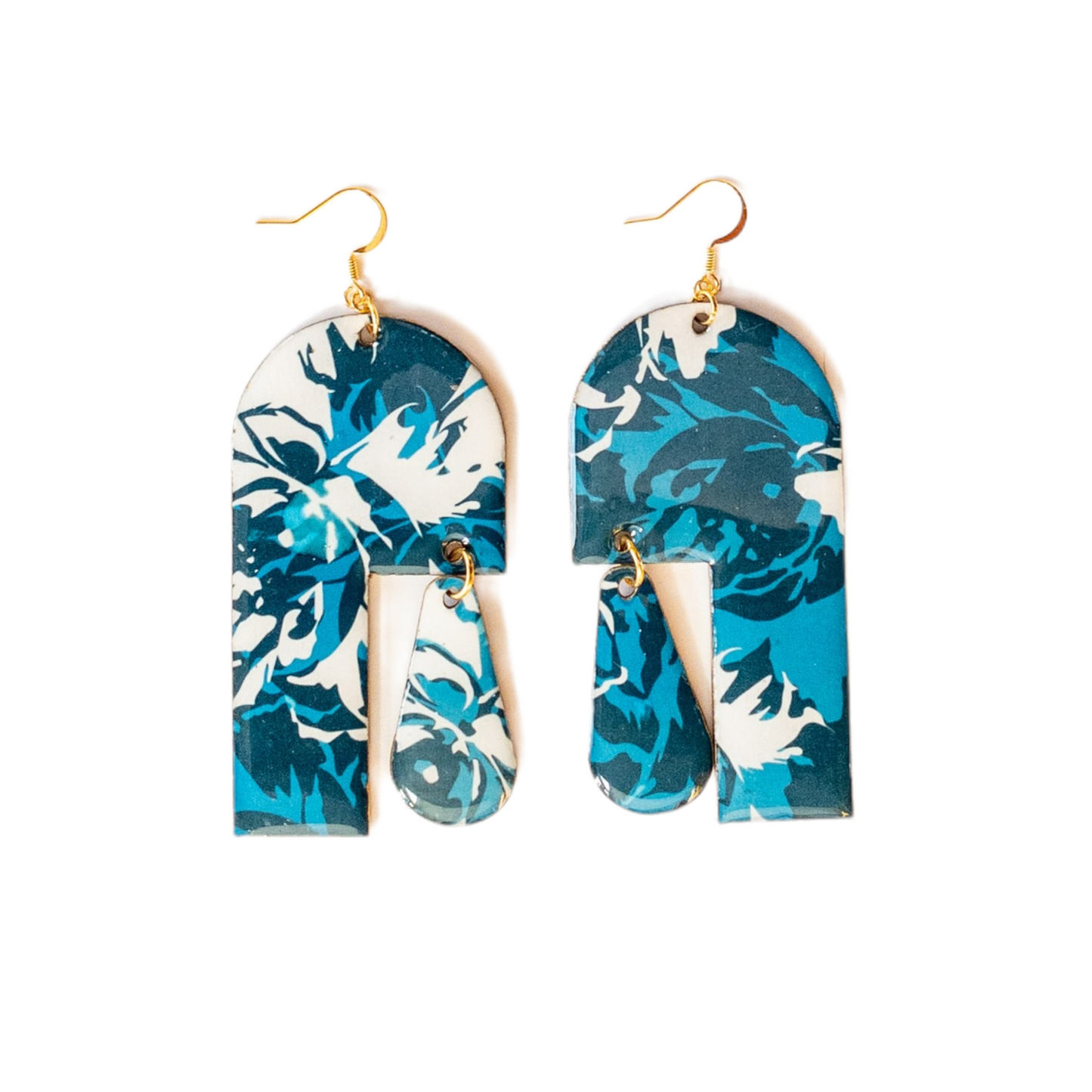 Bold Blue Flowered Cane Shape w/Teardrop Recycled Earrings