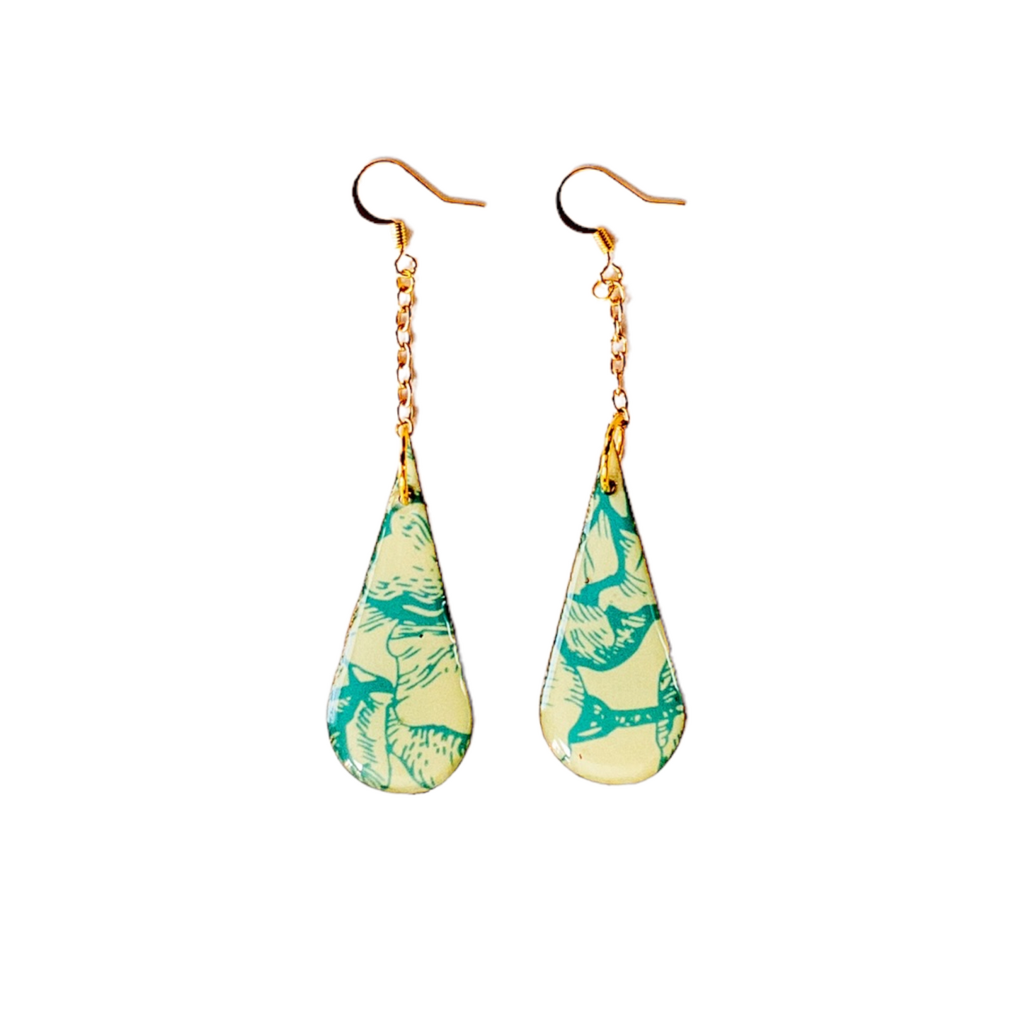 Tan & Mint Teardrop Flower Gold Chain Recycled Earrings