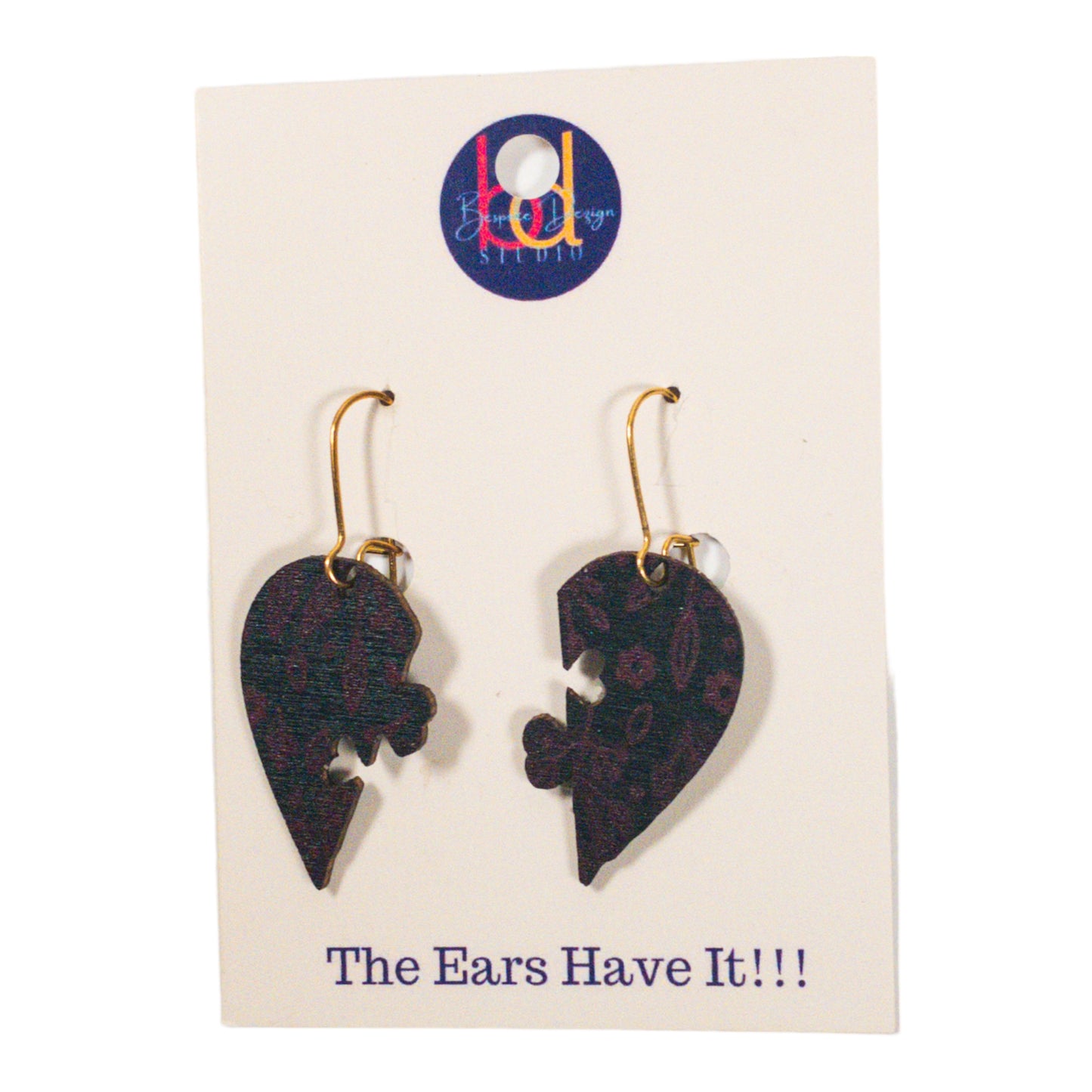 Black Wood Broken Heart Fuchsia Floral Print Earrings