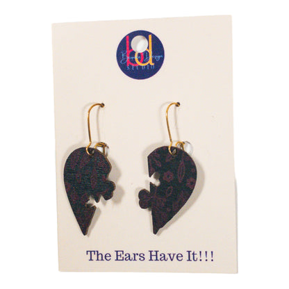 Black Wood Broken Heart Fuchsia Floral Print Earrings
