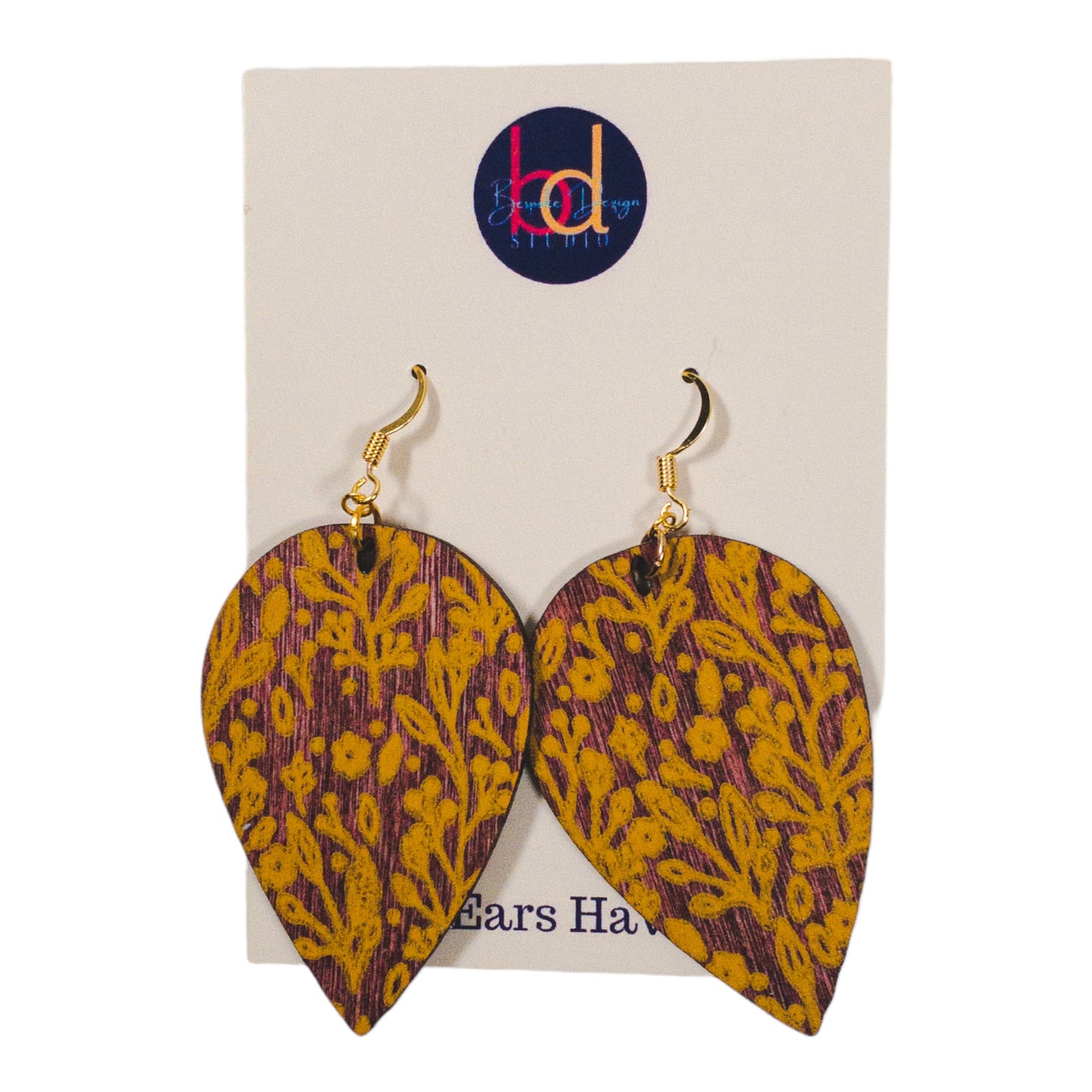 Cherry Stain Wood Teardrop Yellow Floral Print Earrings