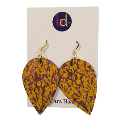 Cherry Stain Wood Teardrop Yellow Floral Print Earrings