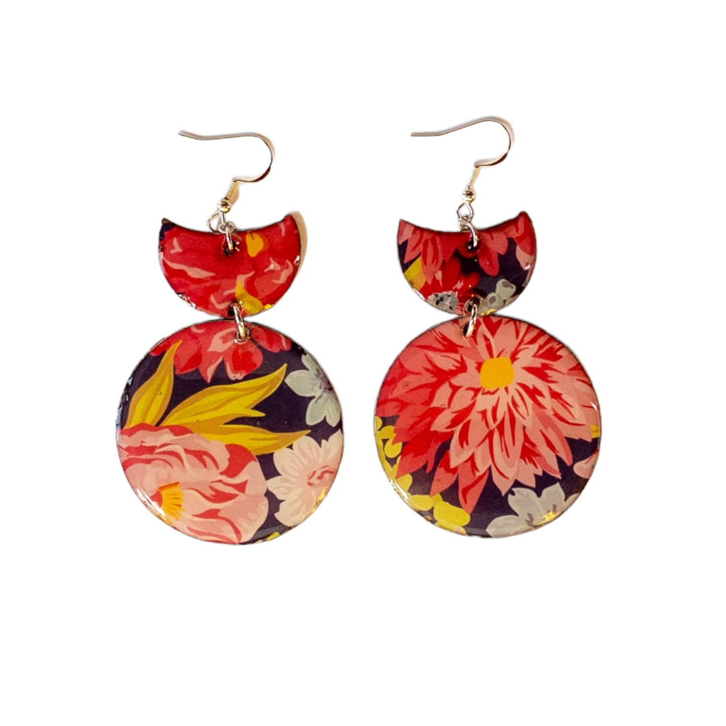 Vibrant Flowered Round w/Tab Recycled Earrings