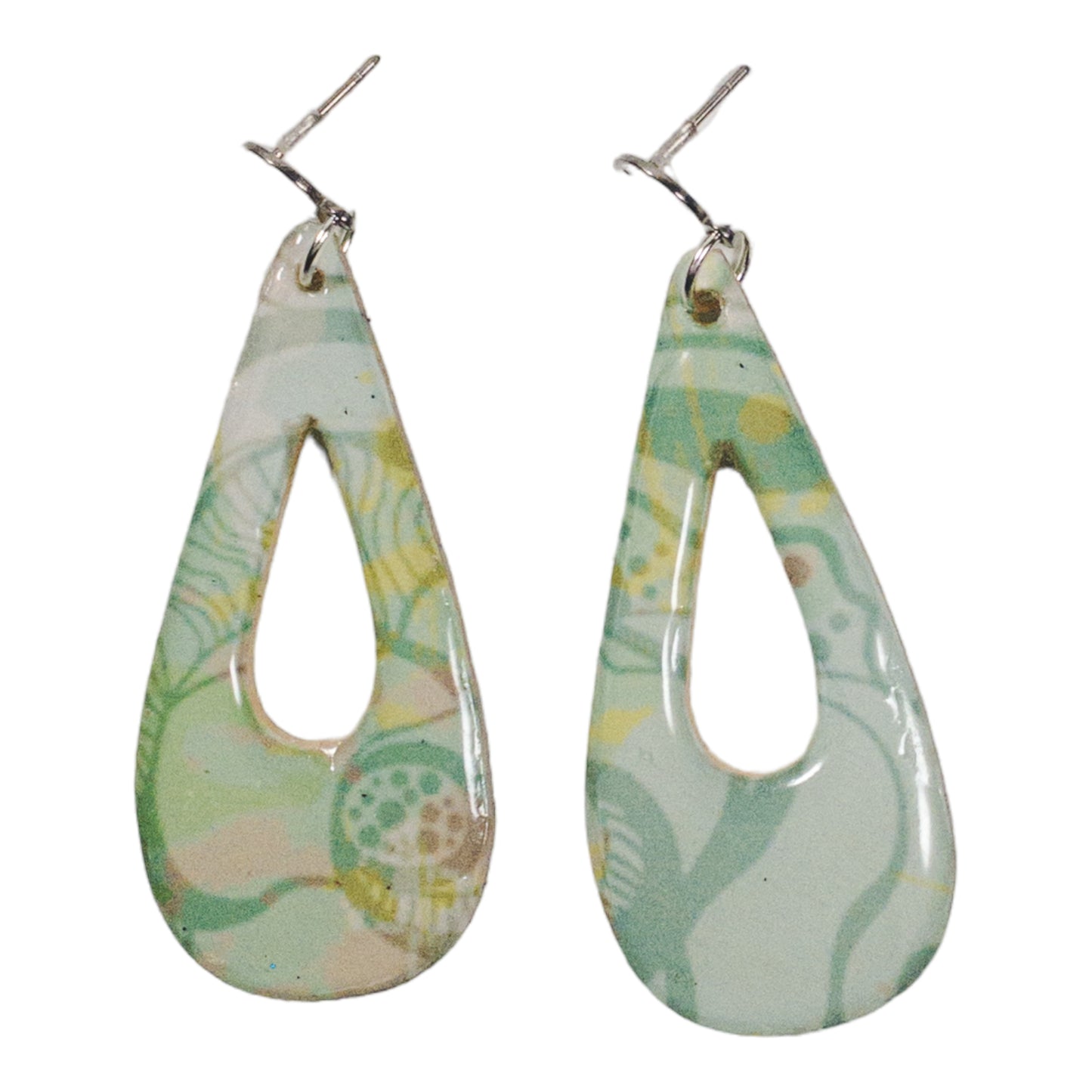 Mint Green Floral Pattern Teardrop w/Silver Ear Hook  Recycled Earring