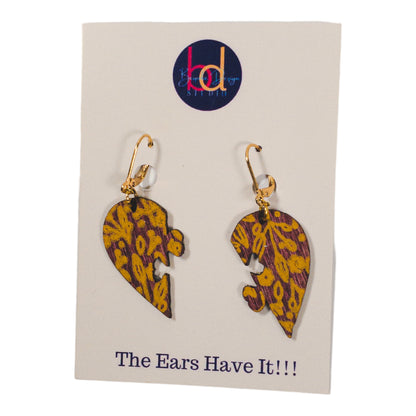 Wheat Stained Wood Broken Heart Yellow Floral Print Earrings