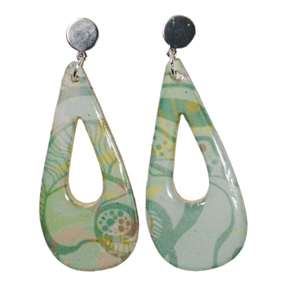 Mint Green Floral Pattern Teardrop w/Silver Tab Recycled Earring