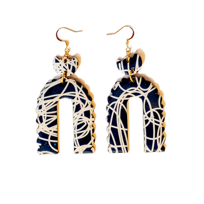 Navy & White Arch Graffiti Pattern Recycled Earrings