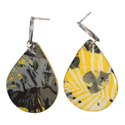 Yellow & Black Floral Teardrop Recycled Earrings