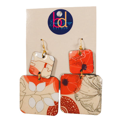 Cream & Orange Double Square Floral Recycled Earrings
