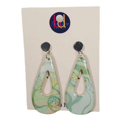 Mint Green Floral Pattern Teardrop w/Silver Tab Recycled Earring