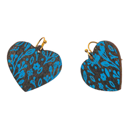 Walnut Stain Wood Heart Blue Floral Print Earrings