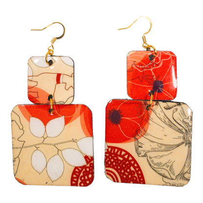 Cream & Orange Double Square Floral Recycled Earrings